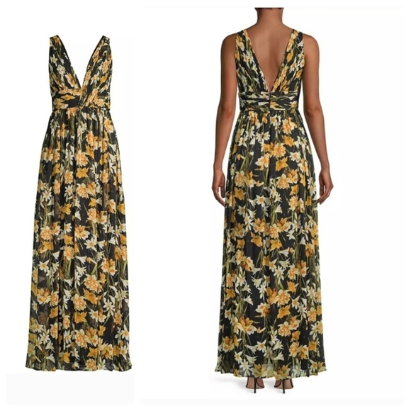 Aidan Mattox Dresses & Skirts - Aidan by Aidan Mattox Floral Yellow Black Maxi Long Dress Wedding Formal size 0